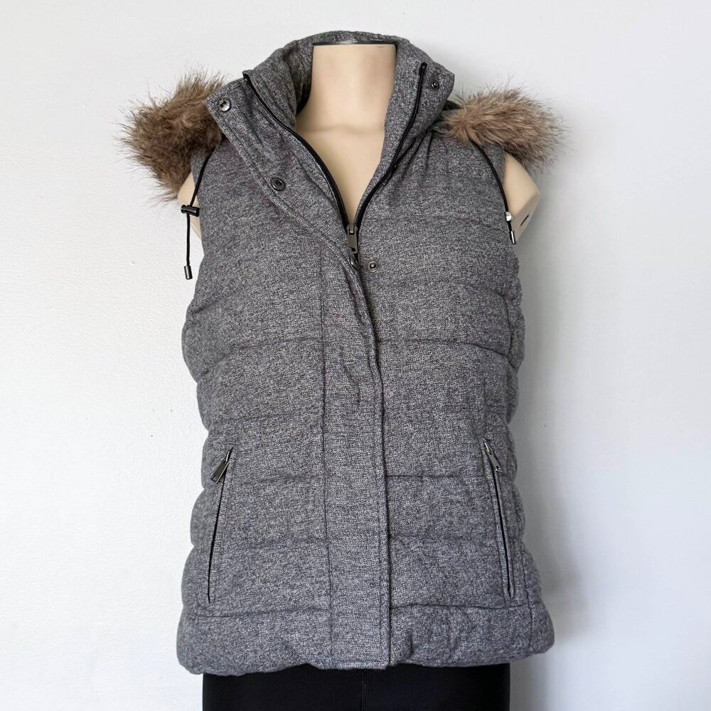 PETITE SMALL Banana Republic marled GRAY puffer vest faux fur removable hood S